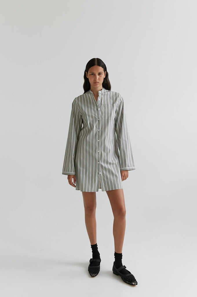 green stripe mini shirt dress