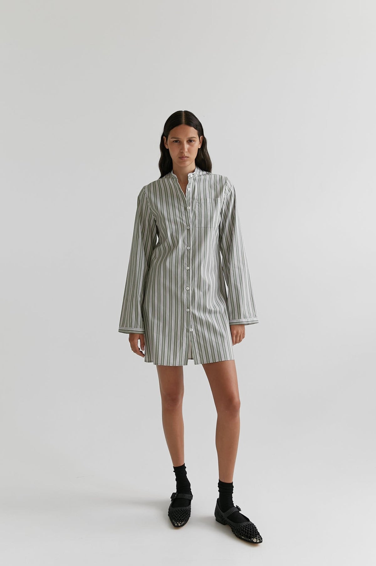 [ ] Mini Strip Shirt Dress ☆送料込☆ Cotton Blend Stripe Stitch Shirtdress | EILEEN FISHER