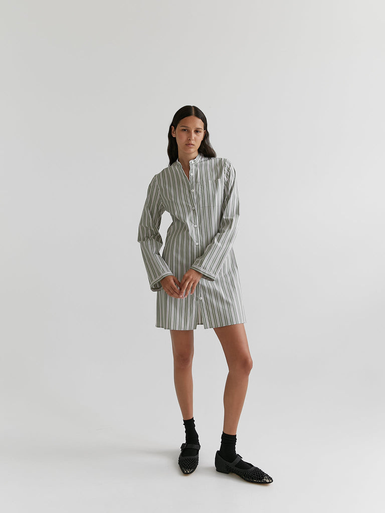 green stripe mini shirt dress